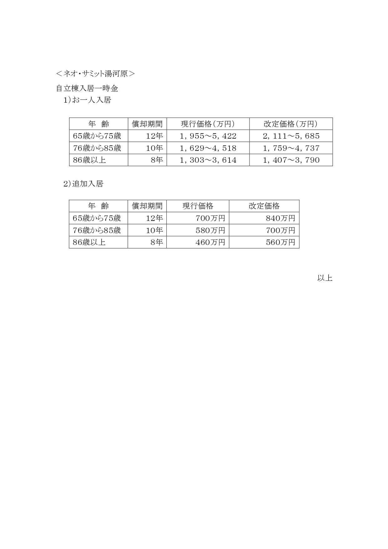 新規ご入居の方の価格改定についてのご案内